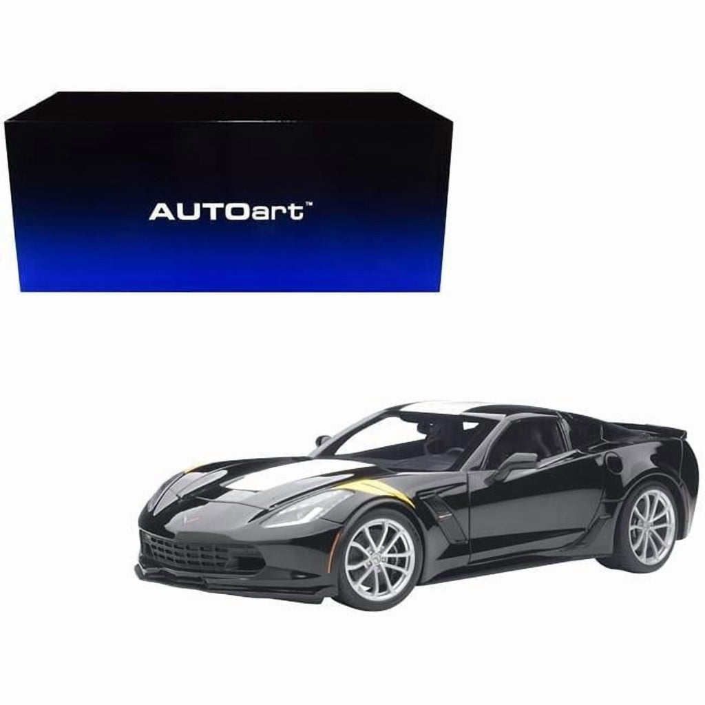 2017 Chevrolet Corvette C7 Grand Sport Black with White Stripe and Yellow Fender Hash Marks 1/18 Model Car by Autoart