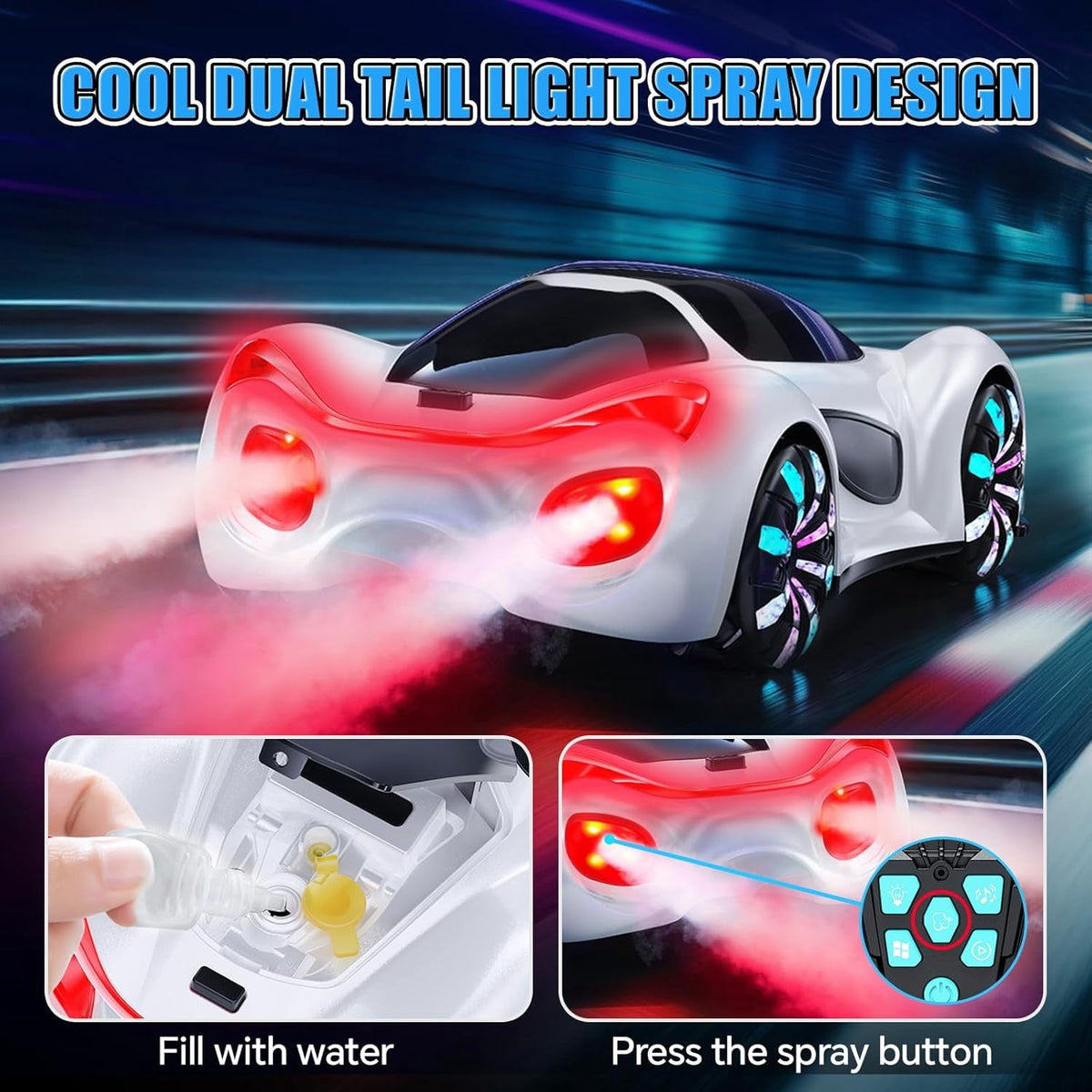 Remote Control Car,RC Drift Car Boys Toys for 4 5 6 7 8 9 10 11 12 Year Old 2.4GHz 360° Rotate RC Cars with Cool Lights, Music & Spray Effects Cool Birthday Presents Gifts for Kids & Boys 4-12