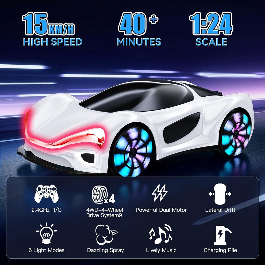Remote Control Car,RC Drift Car Boys Toys for 4 5 6 7 8 9 10 11 12 Year Old 2.4GHz 360° Rotate RC Cars with Cool Lights, Music & Spray Effects Cool Birthday Presents Gifts for Kids & Boys 4-12