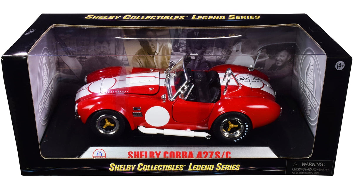 1965 Shelby Cobra 427 S/C Red w/White Stripes w/Printed Carroll Shelby's Signature on the Trunk 1/18 Diecast Shelby Collectibles