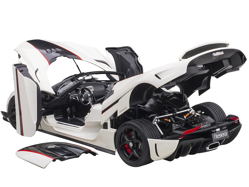 Koenigsegg Regera White with Black Carbon and Red Stripes 1/18 Model Car by Autoart