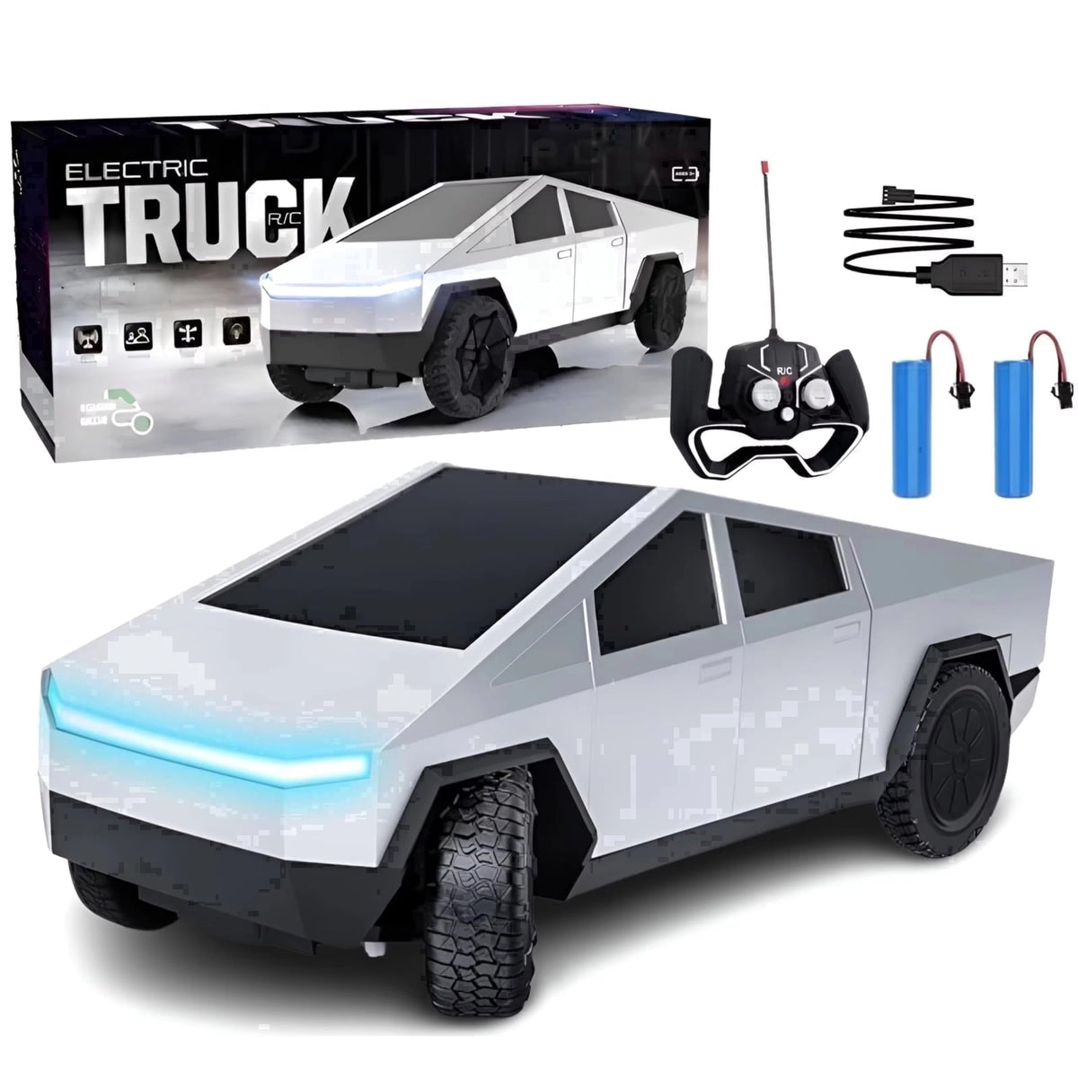 Cybertruck Remote Control Car 1:24 Scale RC Truck with LED Lights and Dual Rechargeable Batteries, Silver Electric Vehicle for Kids
