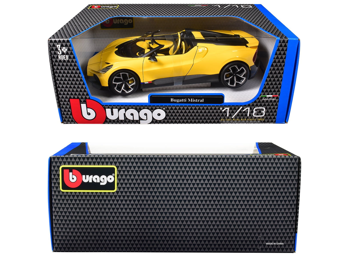 Bugatti Mistral Yellow with Carbon Accents 1/18 Die Cast Model Car by Bburago