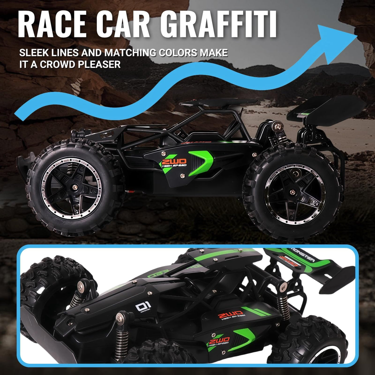 1:18 Scale Remote Control Car, 2.4GHz High Speed RC Monster Truck, Off-Road All-Terrain Toy Buggy with Rechargeable Battery for Kids Ages 6+
