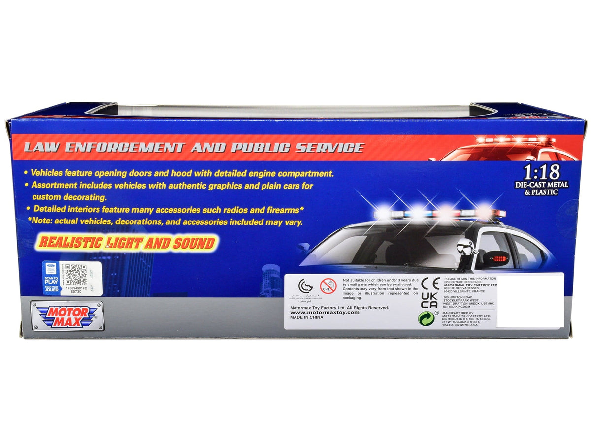 2001 Ford Crown Victoria Police Car Plain White w/ Flashing Light Bar, Front & Rear Lights & Sounds 1/18 by Motormax